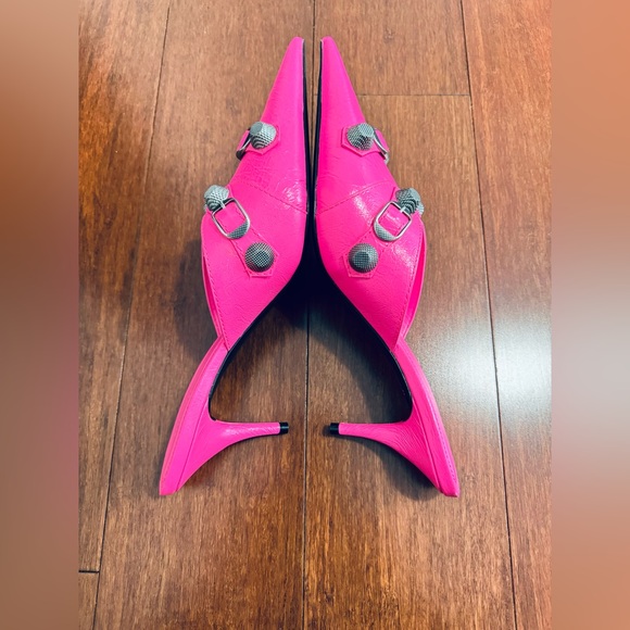 Final price Balenciaga Cagole leather pointed toe mule fluopink heels sandals 9 - Picture 5 of 12